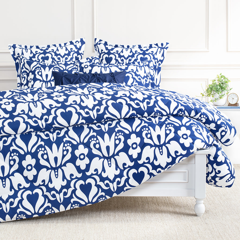 Blue And White Damask Printed Comforter The Montgomery Blue