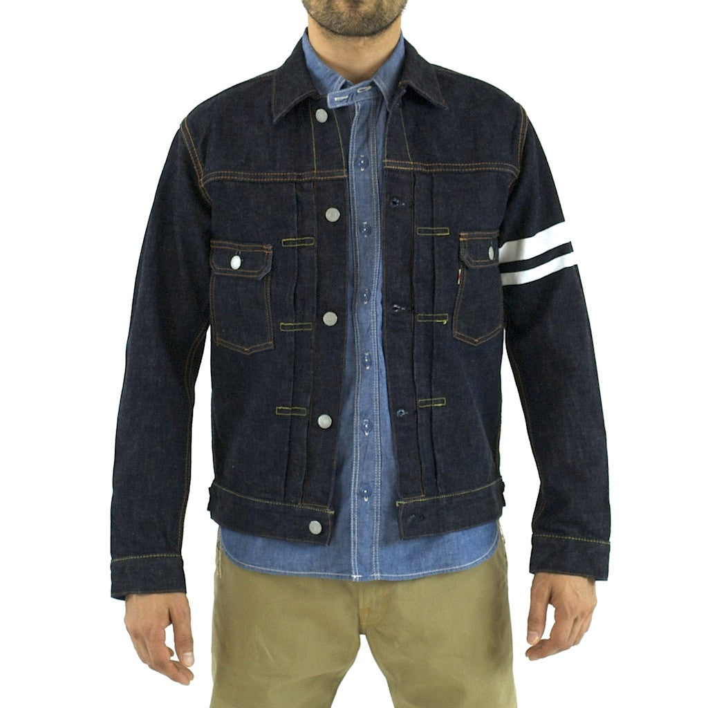 denim jacket with stripes on sleeve