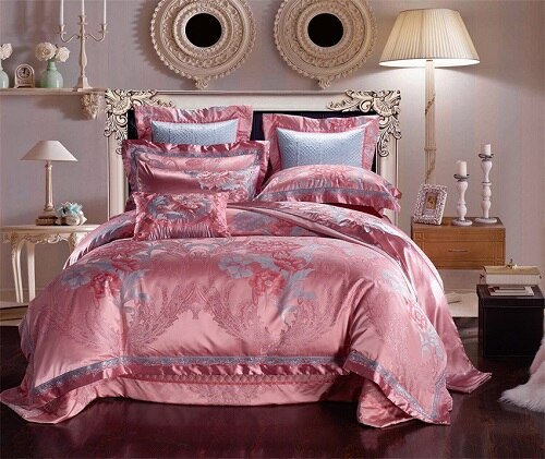 Pink Silk Cotton Satin Jacquard Luxury Bedding Set Queen King Size
