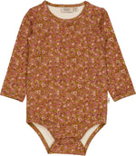 Body cu maneca lunga, din bumbac organic, pentru copii, fete, Bronze Flowers, Liv, Wheat | ADINISH.COM