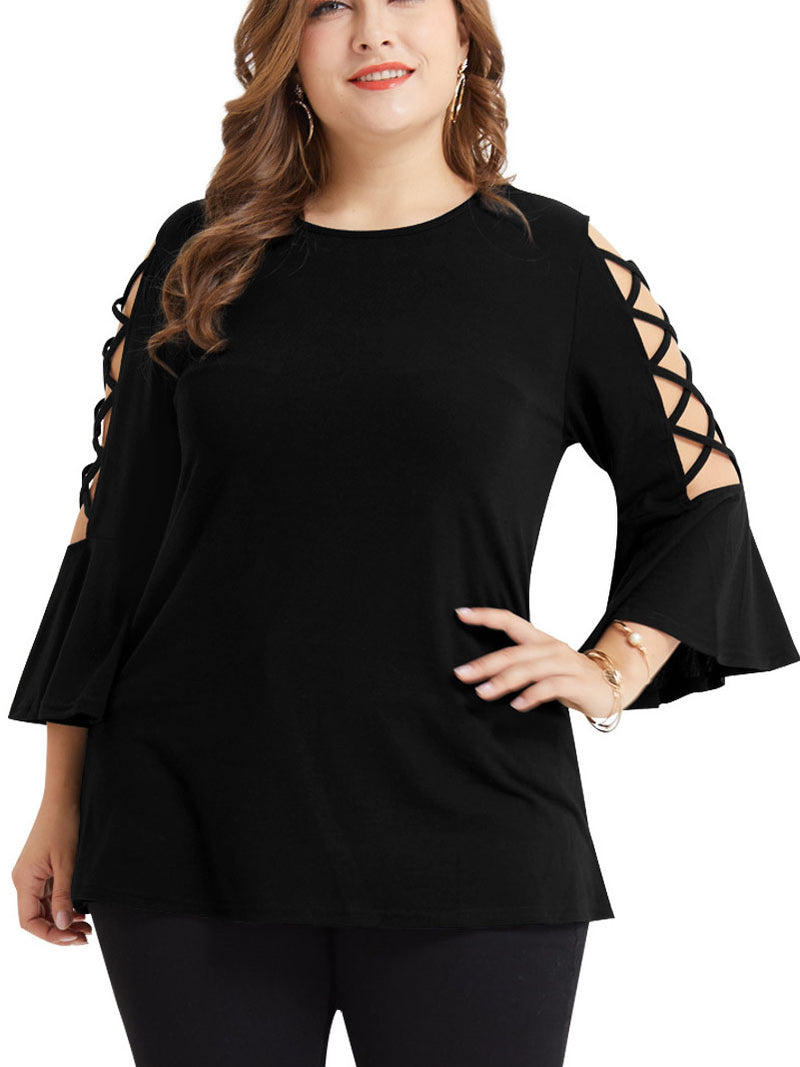 Large size women's shirt plus size hollow trumpet sleeve t-shirt female ...