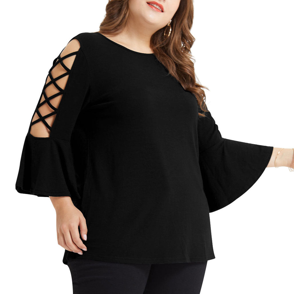 Large size women's shirt plus size hollow trumpet sleeve t-shirt female ...