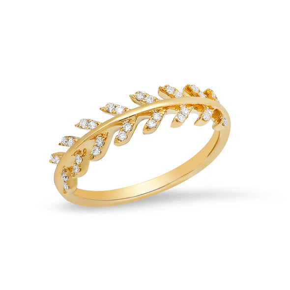14k solid yellow gold diamond leaf ring