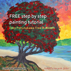 painted Pohutukawa Tree with bright red blossoms and bright sunset background