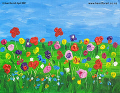 colourful acrylic painting of flowers in grass with blue sky