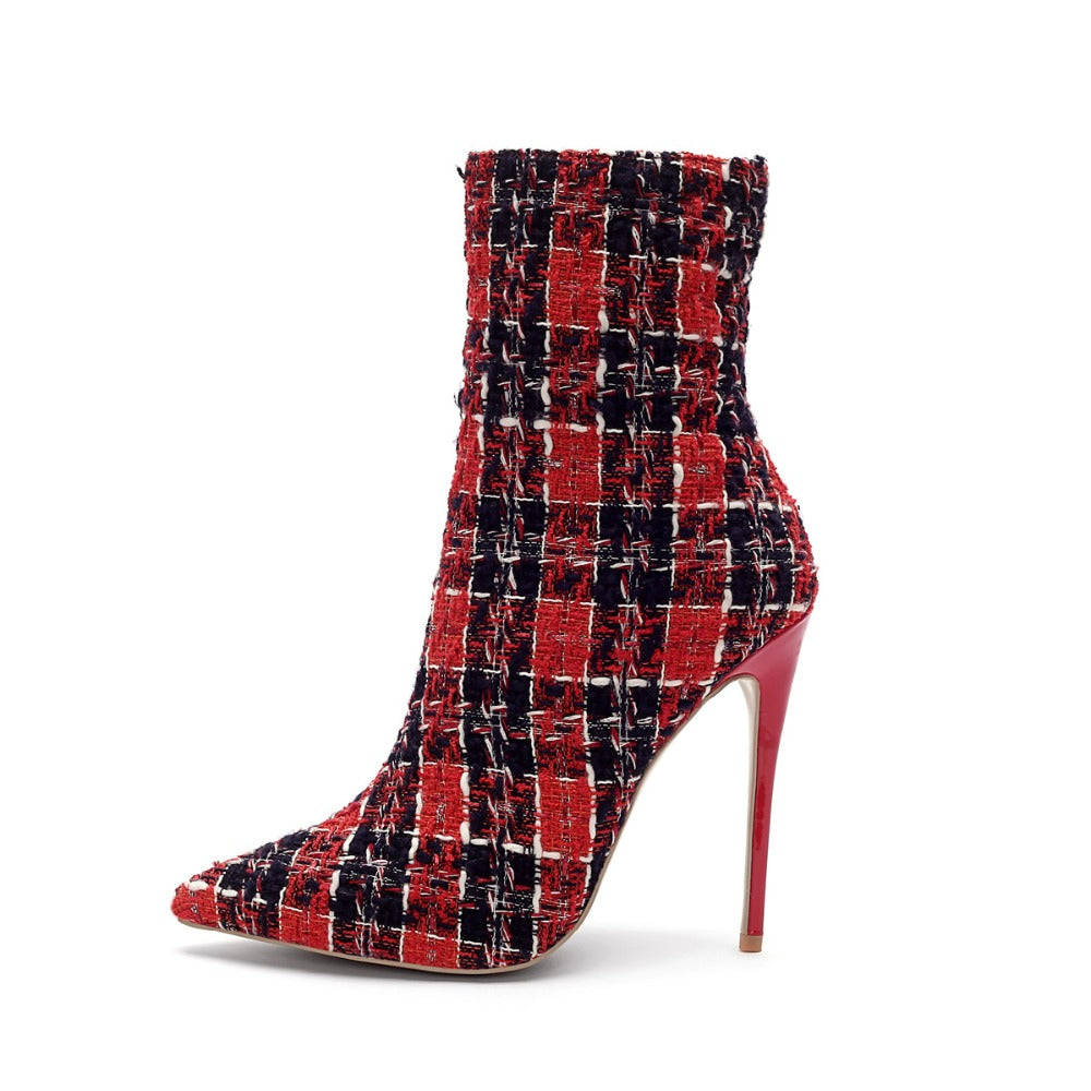 red plaid ankle boots