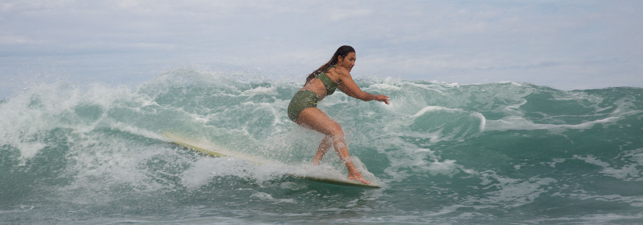 surf longboard Mexico women surf trip bikini vintage green