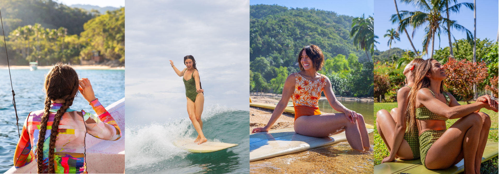 women surf trip colorful longboard Mexico bikini rash guard one piece