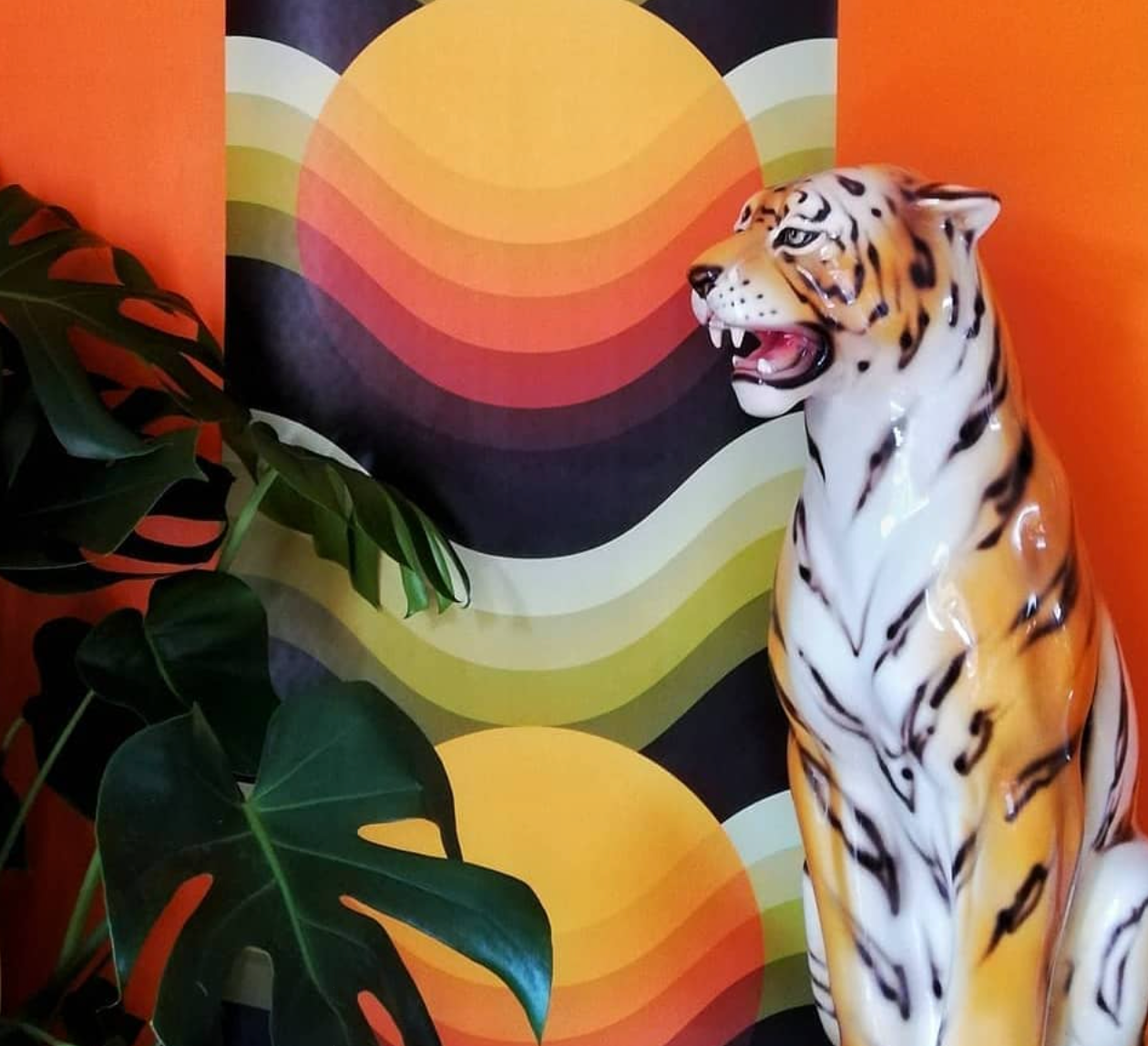 orange wall with 70s graphic colourful wallpaper, a monstera plant and a ceramic vintage tiger statue 