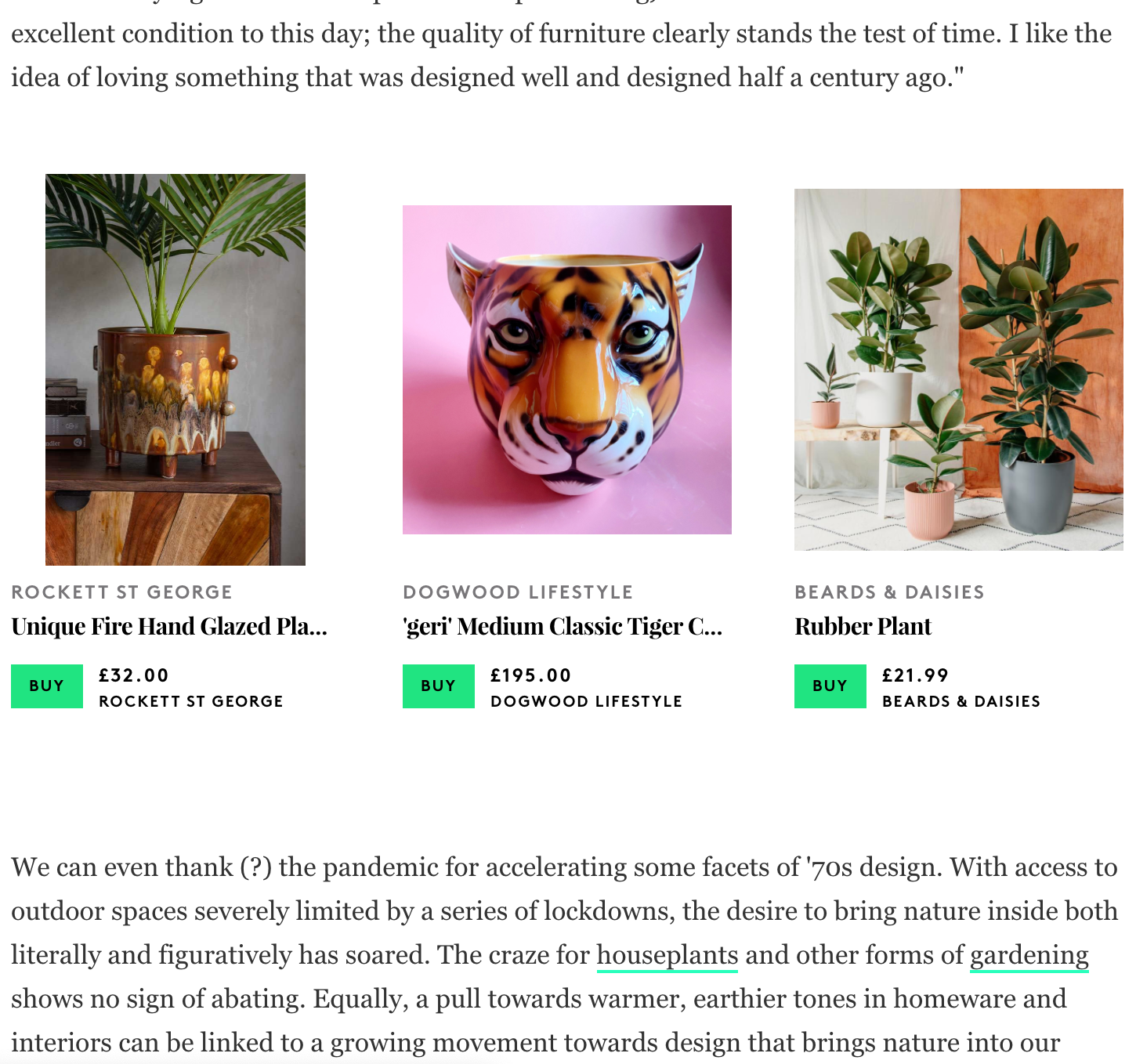 screenshot of products featured in the article with recommended items to shop and buy including a leopard and tiger head ceramic planter