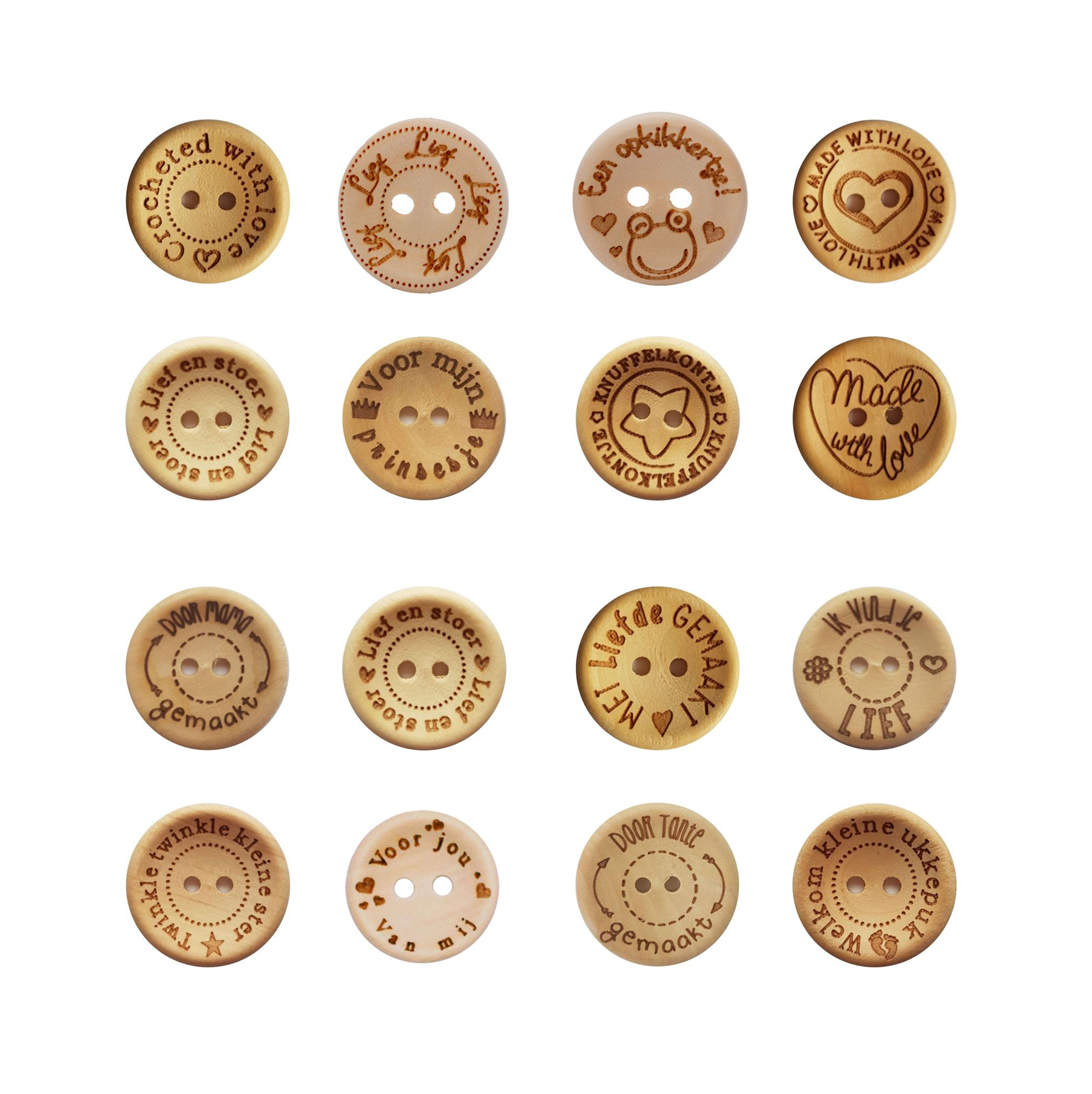 Bruidegom Afhankelijkheid atoom Bedrukte houten knopen (20 mm) - 18 variaties – Het Haakbeest