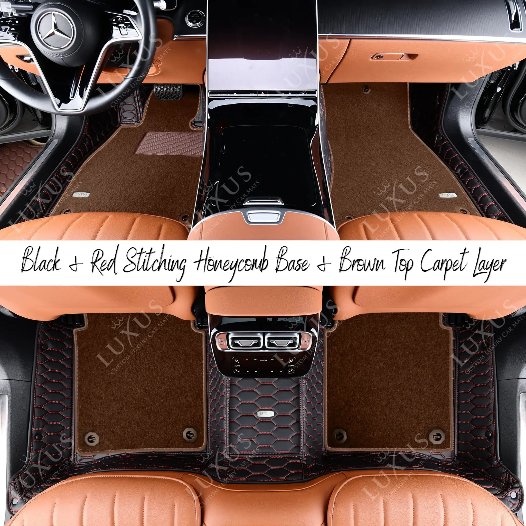 Black & Red Stitching Honeycomb & Brown Carpet | Double Layer Luxury Car Mats Set