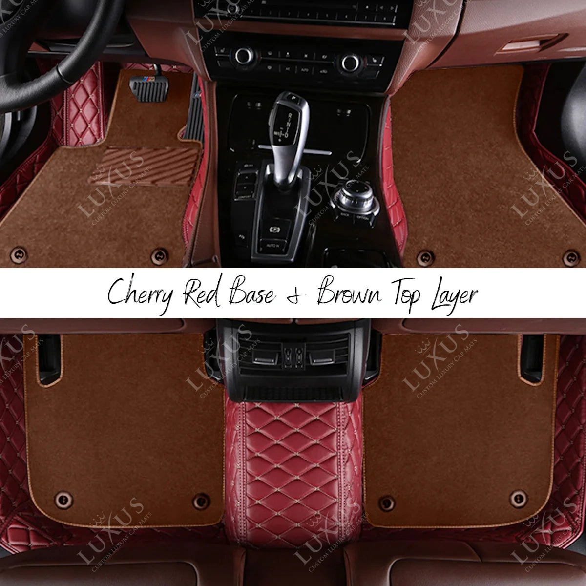 Cherry Red Diamond & Brown Carpet | Double Layer Luxury Car Mats Set