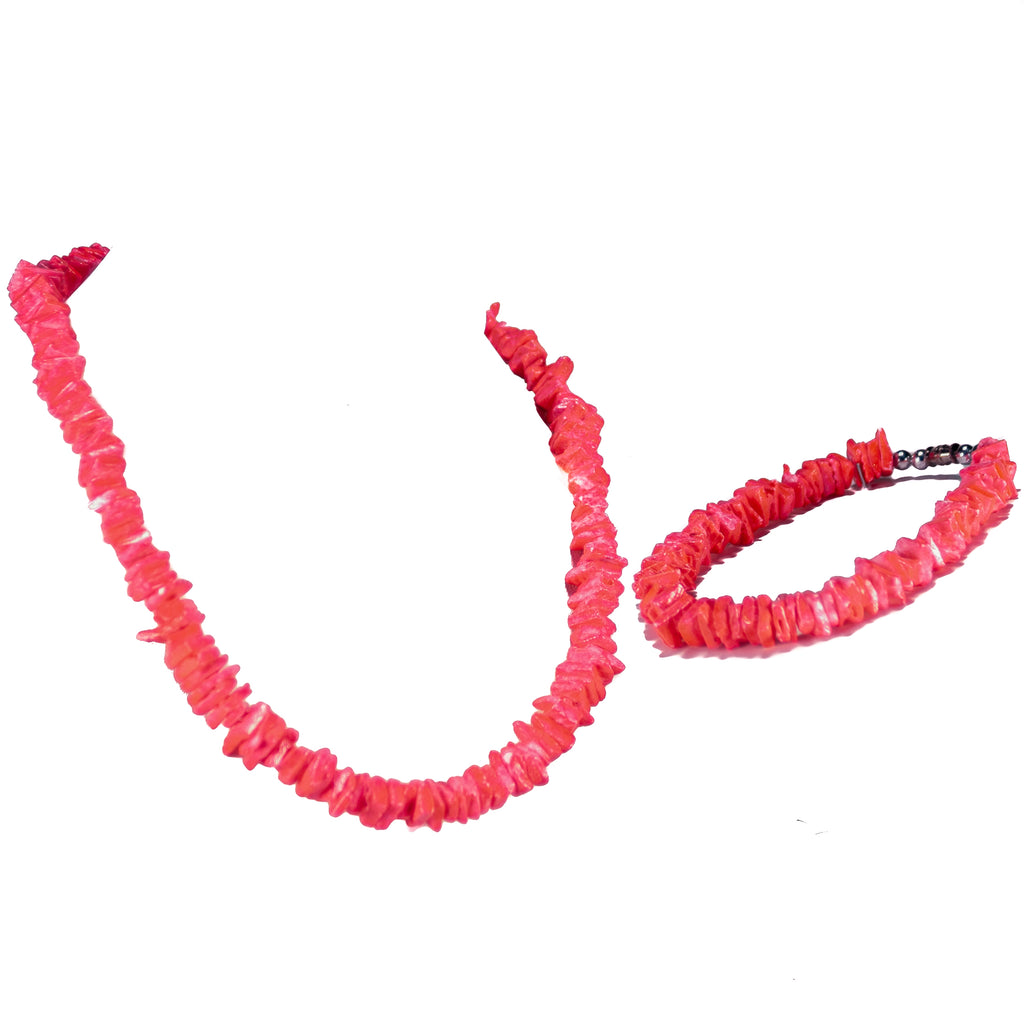 Neon Pink Puka Chip Shell Beads Necklace and Anklet Set