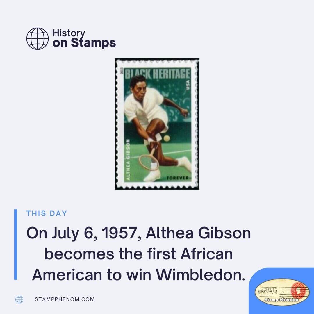 On July 6, 1957, Althea Gibson becomes the first African American to win Wimbledon.