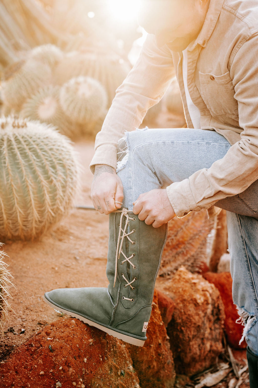 Classic Lace Up Tall Boot in Khaki Green