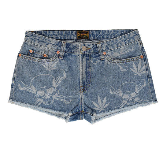 10.5 oz Indigo 5 pocket Cut-Off Boyfriend Shorts - Malibu Print