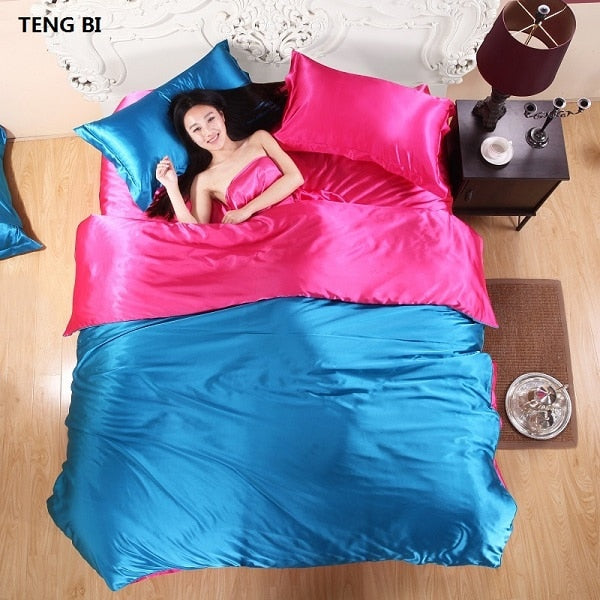 HOT! 100% pure satin silk bedding set, Home Textile King size bed set, bed clothes, duvet cover flat sheet - Bedding - hot-100-pure-satin-silk-bedding-set-home-textile-king-size-bed-set-bedcl