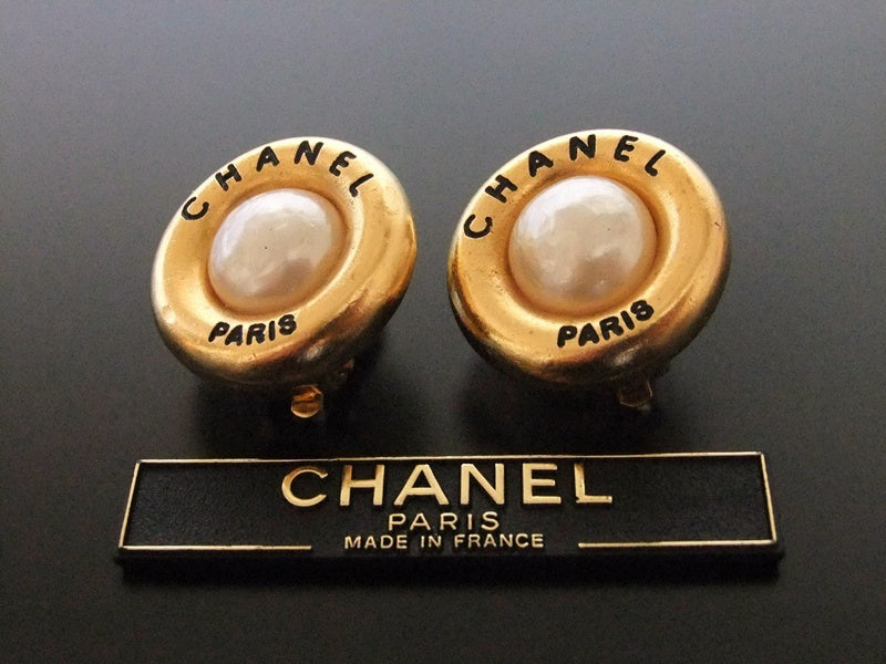 Authentic vintage Chanel earrings gold logo pearl round | Vintage Five