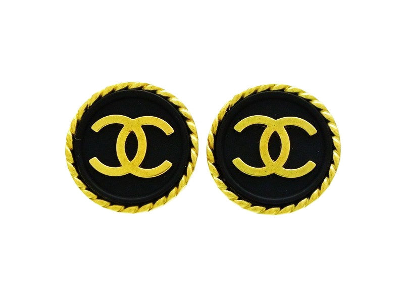 Vintage Chanel button earrings CC logo black round Authentic | Vintage Five