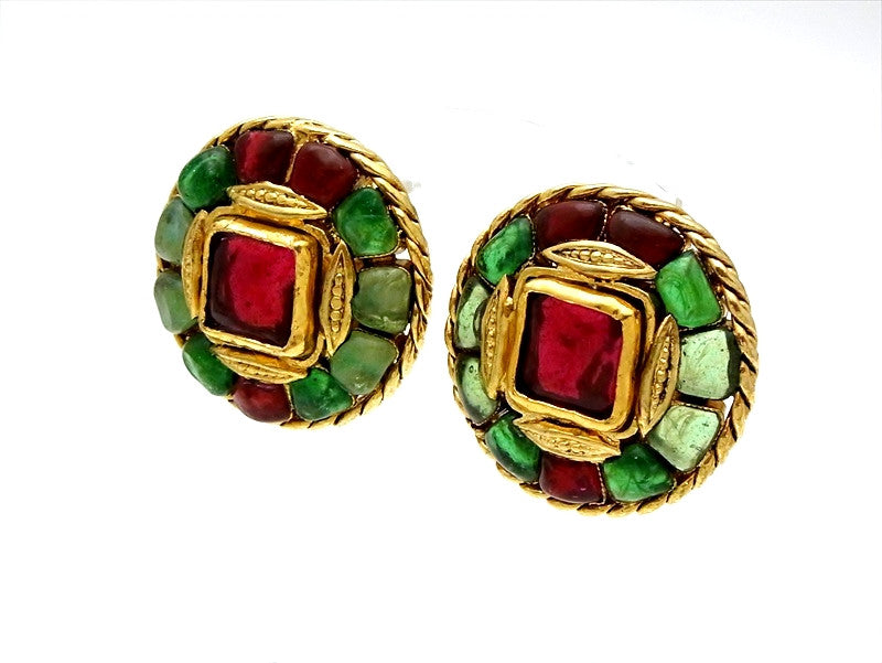 Vintage Chanel earrings gripoix glass red green round | Vintage Five