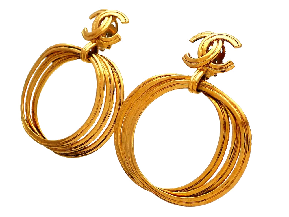 Authentic vintage Chanel earrings gold CC logo dangled plural hoops ...