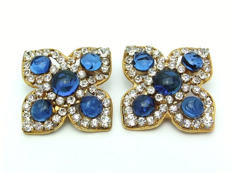 Authentic vintage Chanel earrings blue gripoix glass rhinestone flower ...