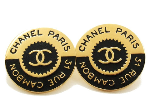 Authentic vintage Chanel earrings black gold CC 31 rue cambon round ...
