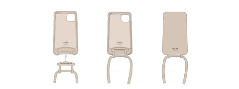 phone cases instruction page. steps to insert adapter to iphone case. Phone case with strap / lanyard. Crossbody phone case. Cord. Phone accessories