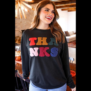 Thanks Chenille Letter Luxe Pullover - The Pearl Boutique LLC