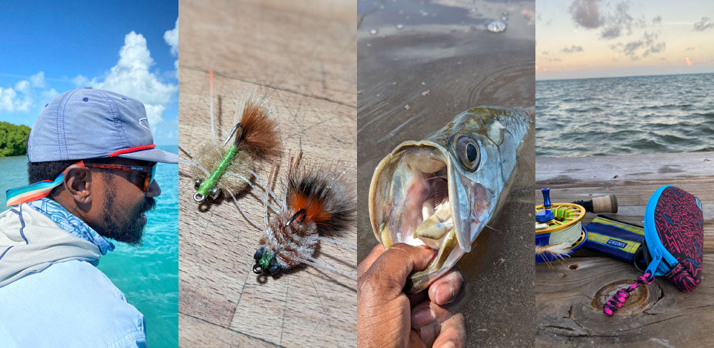 Image 1 shows Eeland wearing neoprene retainer, Image 2 shows two fishing flies on dock, Image 3 shows permit fish, Image 4 shows Chums accessories on dock