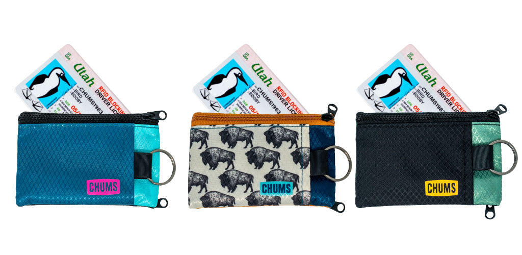 Image shows 3 Chums Surfshorts Wallets with RFID-Blocking cards peaking out