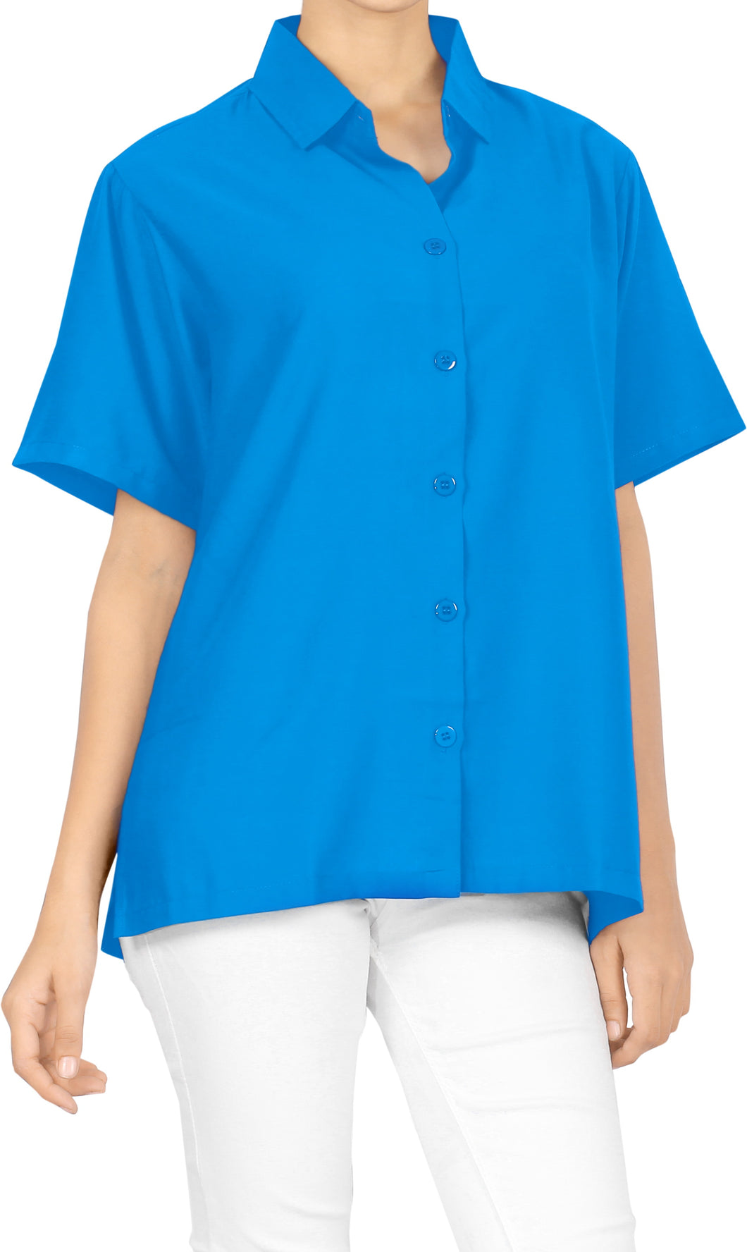 LA LEELA Women's Beach Casual Hawaiian Blouse Short Sleeve button Down Shirt Blue