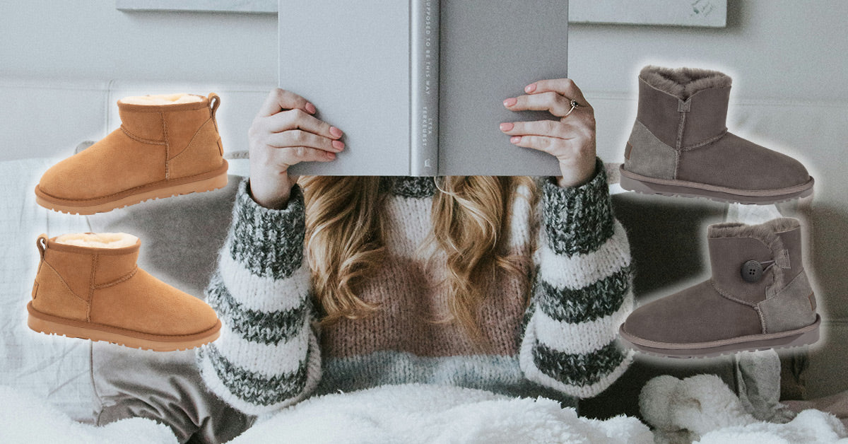 woman cosy at home while reading a book and wearing Classic UGG boots