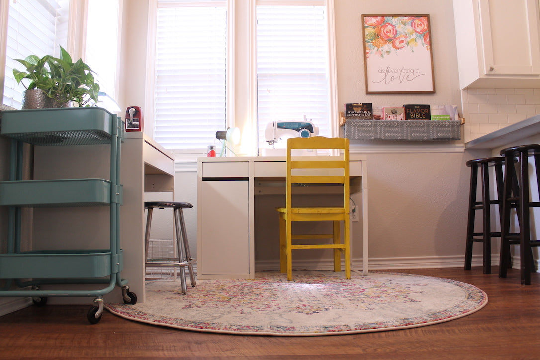 Close up of teal drawers and desks