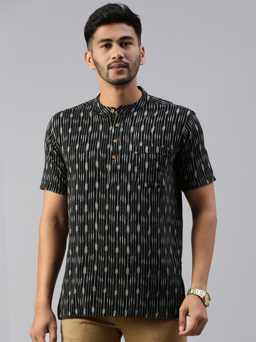 Mens Cotton Grey Striped Short Length Kurta RA15