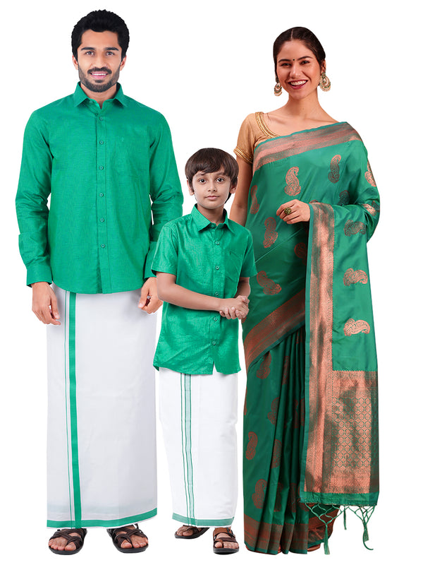 Matching Shirt and Dhoti Set with Saree Combo Green