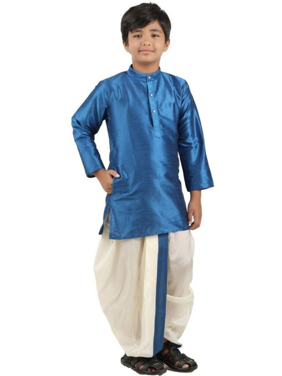 Boys Silk Cotton Shirt with Dhoti Set Light Ramar Green