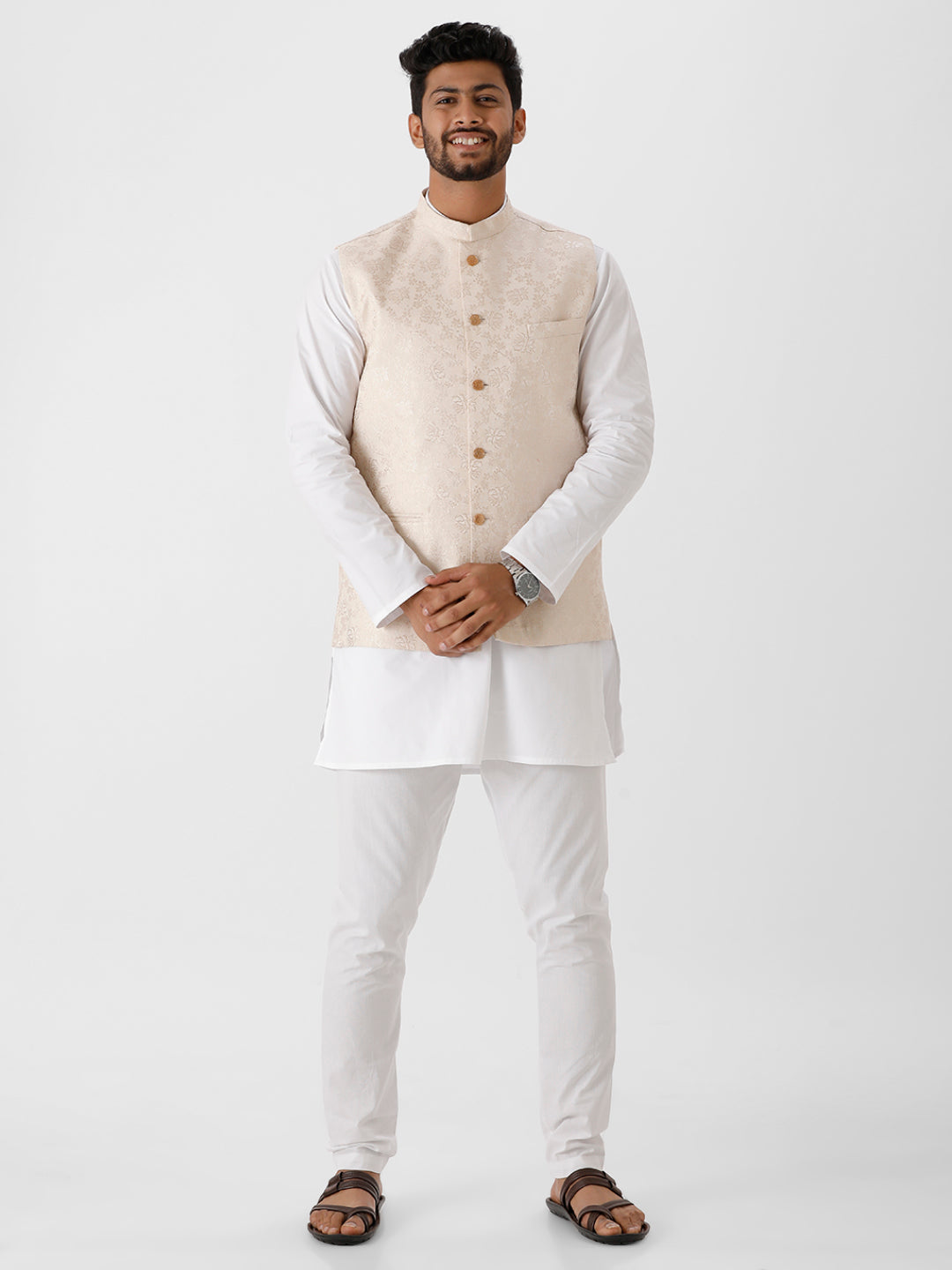Buy See Designs Men Off White Kurta Pajama & Maroon Sequence Woven Design Nehru  Jacket (Set of 3) online