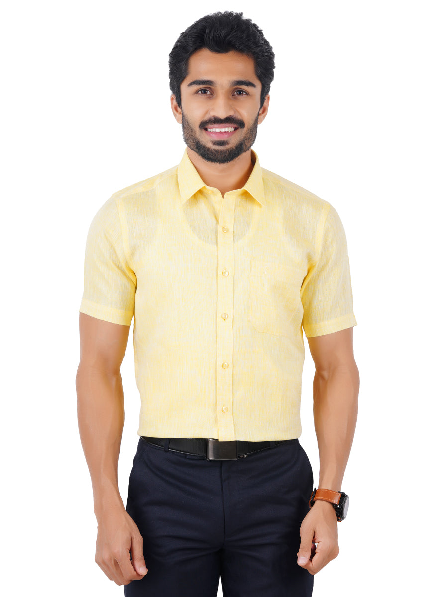 Buy Soft Yellow Half Sleeves Cotton Linen Shirt For Men's