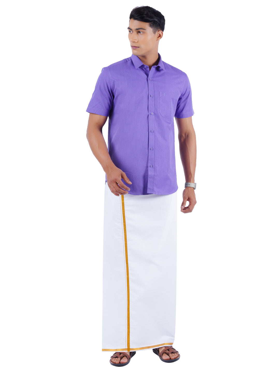 Mens Cotton Copper Colour Half Sleeves Shirt & Double Dhoti with Coppe