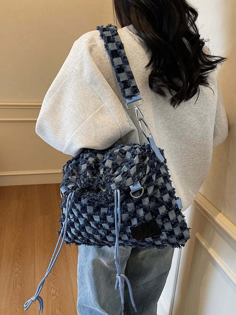 Checkered Raw Edge Adjustable Strap Convertible Bag