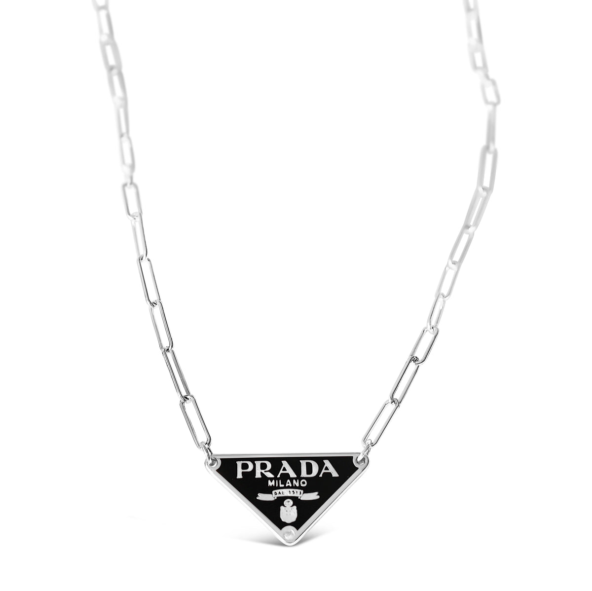 Rework Vintage Black Prada Logo on Silver Paperclip Chain Necklace – Relic  the Label
