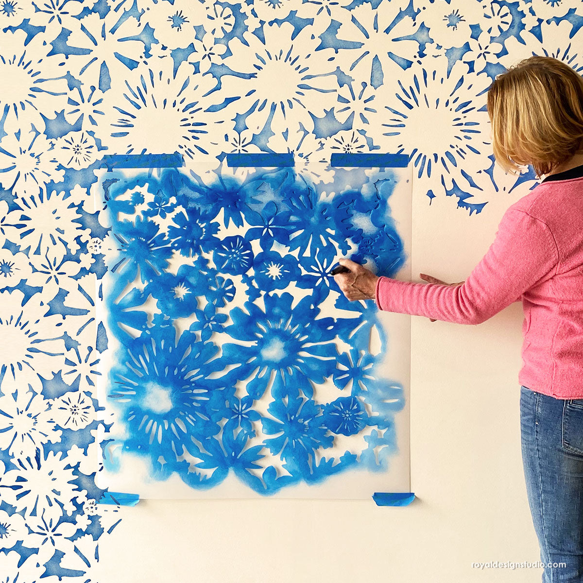 Stencil Me Pretty Stencil - Modern Geometric Flower Petal Lines Continuous Allover Pattern-L (17.75 x 20)| Brilliant Blue Color Material