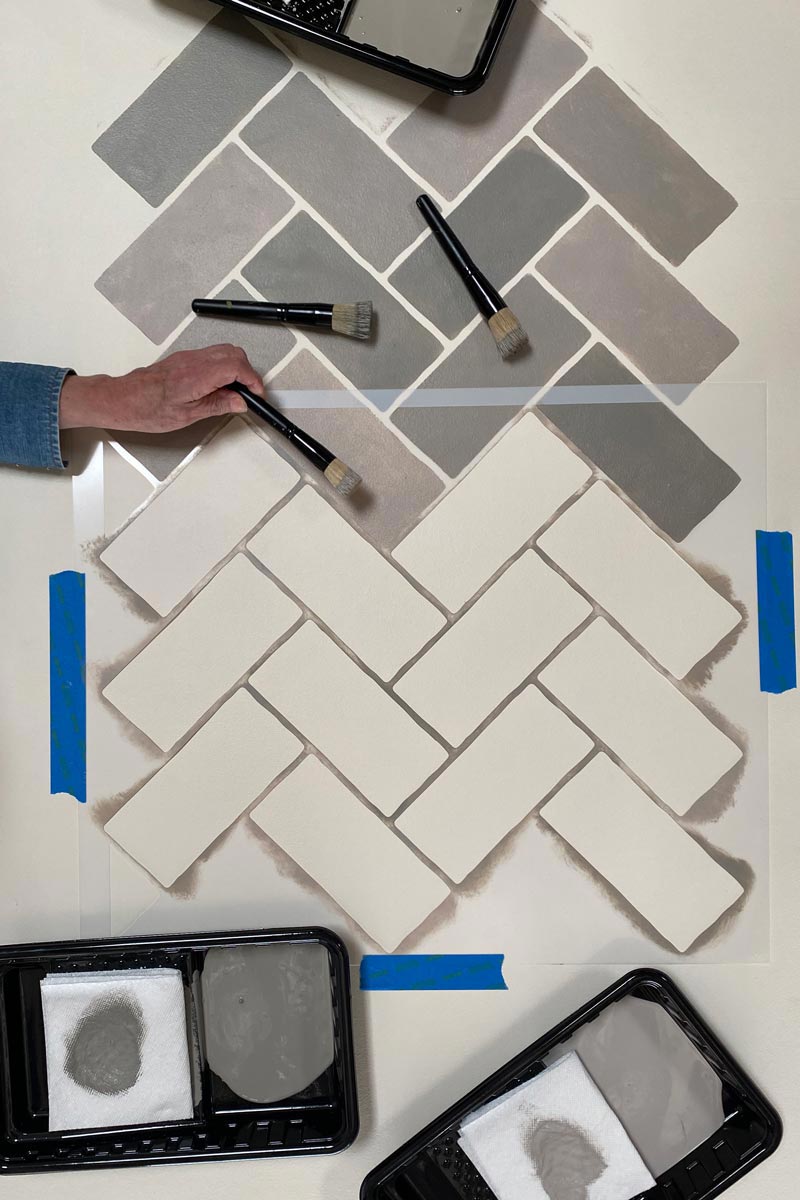 how to align brick pattern when stenciling bricks on a floor