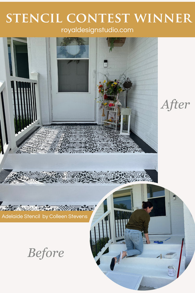 Stenciling on concrete porch with large stencil for painting