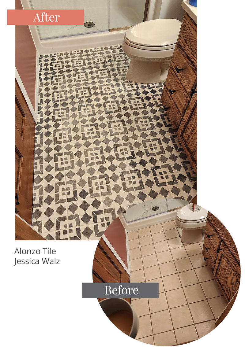 Alonzo tile stencil bathroom floor stenciling-Royal Design Studio