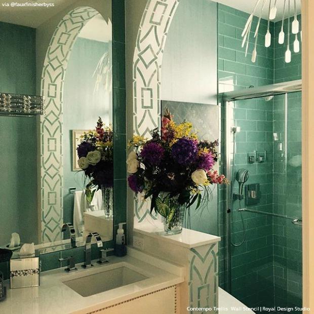 Bathroom Stencils: The Wonder Wall that Lasts Longer Than Wallpaper - Large Wall Stencils for Decorating DIY Bathroom Walls from Royal Design Studio