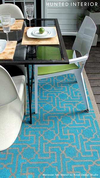 Stenciled Contemporary Outdoor Rug | Moroccan Key Stencil from Royal Design Studio | Project by The Hunted Interior
