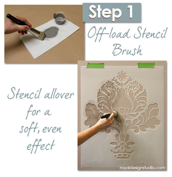 Stencil How-to: Start by stenciling Corsini Damask stencil allover with a stencil brush and craft acrylic paint